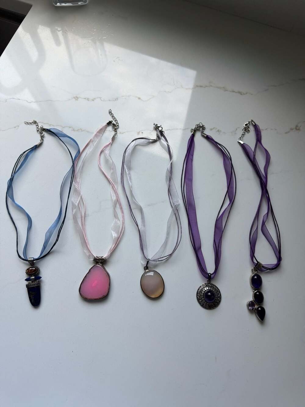 Set of 5 Sterling Silver 925 Gemstone Pendant Necklaces on Ribbon Chokers